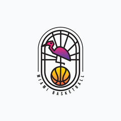 Simple line art miami basketball team logo illustration design. Basket ball team logo concept with flamingo and ball