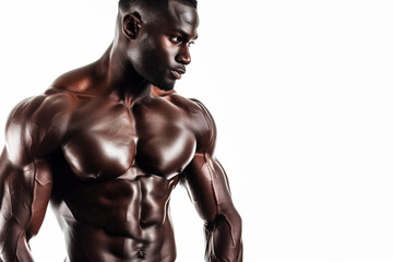 A man with a muscular body is standing in front of a white background. Concept of strength and confidence, as the man's well-defined muscles are the main focus
