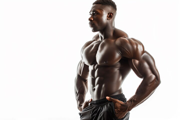 Fototapeta premium A man with a muscular body is standing in front of a white background. Concept of strength and confidence, as the man's well-defined muscles are the main focus