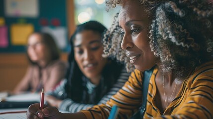 Obraz premium portrait of mature woman studying with help of curly haired American American woman