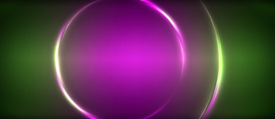 Neon glowing circle rays, light round lines in the dark, planet style neon wave lines. Energetic electric concept design for wallpaper, banner, background