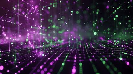 Futuristic technology background showcasing purple and green dots and lines in a complex plexus design