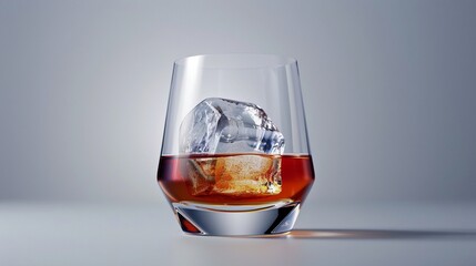  A sophisticated glass of bourbon with a single large ice cube