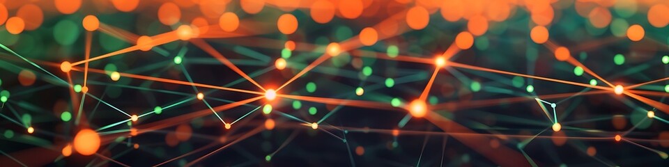 Futuristic technology background featuring orange and green dot connections forming an intricate plexus network