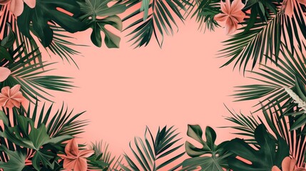 Naklejka premium A frame featuring tropical leaves and flowers against a pink backdrop, with text space in its center, is a pink-hued rectangular design