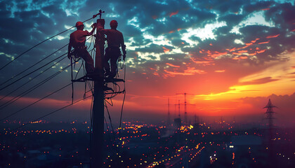 Engineers in silhouette, seen from the back, climbing or repairing high voltage poles with a striking horizon in the distance.