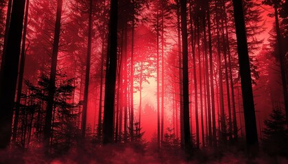 sunset in the forest. Black silhouettes of tall trees on a red foggy background