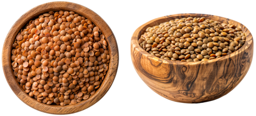 Brown lentils in a wooden bowl, side and top view, food bundle isolated on a white background