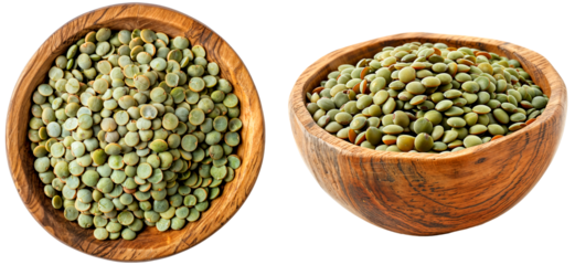 Green lentils in a wooden bowl collection, side and top view, isolated on a transparent background