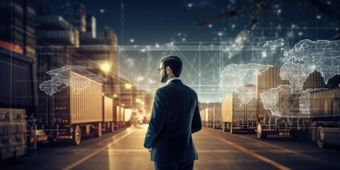 Double exposure of businessman and graph growth of business with world map of transportation and logistics network distribution and trucks of a industrial cargo freight for shipping. import-export