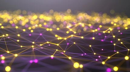 Futuristic technology background featuring yellow and purple dot connections forming a detailed plexus pattern