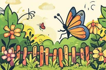 Cartoon cute doodles of a butterfly fluttering past obstacles to reach a garden, Generative AI