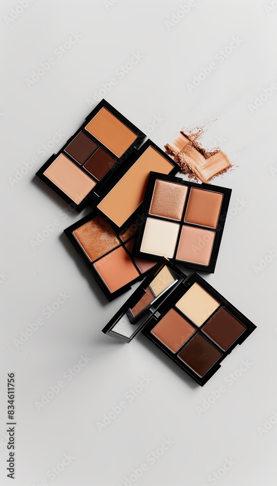 Aufkleber contouring and highlighter palettes arranged on a light background. generative ai