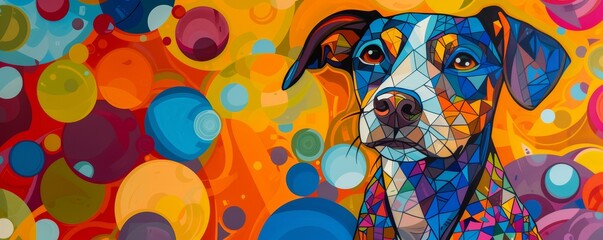 A chic dog in a modern outfit, the abstract background adding a fun and vibrant touch