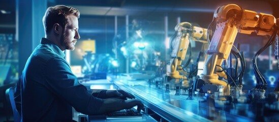 Engineer check, Analysis and control robotics automatic arms machine of digital manufacturing operation with monitoring system software. Smart robot tech. Industrial revolution