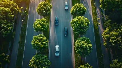 Fototapeta premium Aerial View of Cars Driving Down a Winding Road Through Lush Green Landscape