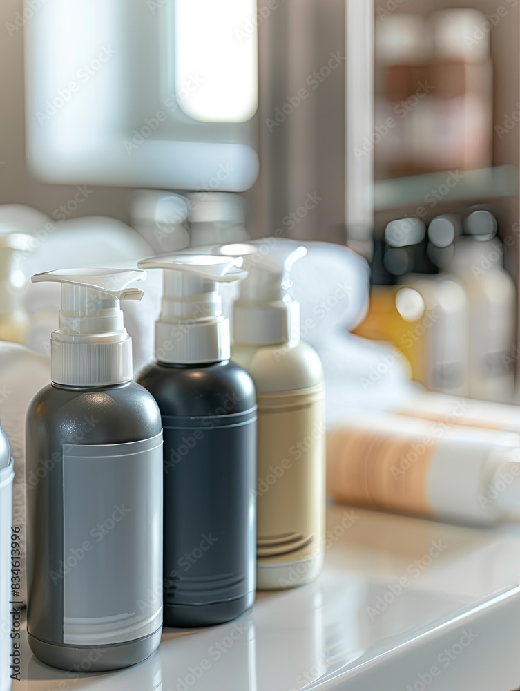 Poster three stylish bottles of shampoo and conditioner on a white countertop in a luxurious bathroom setti