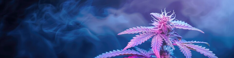 A purple marijuana plant is surrounded by smoke
