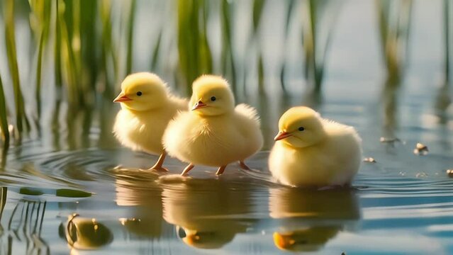 Enchanting scene of chicks swimming in a lake, surrounded by colorful flowers