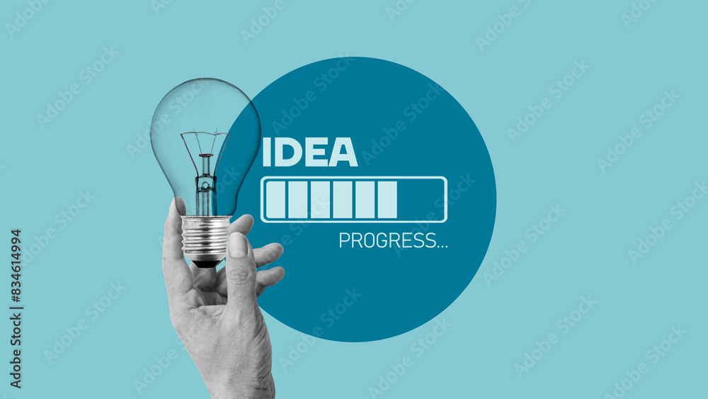Poster Loading idea business concept and progress. Idea loading concept with light bulb on blue background. Creativity for business idea and problem solving. Brainstorm in progress