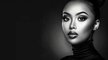  A black-and-white image of a woman's face with a high bun atop her crown