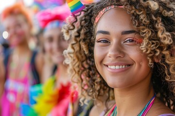 Obraz premium Editorial photography of Pride Month event, striking portrait of LGBTQ activists, bold statements on posters, emotional expressions, unity and pride