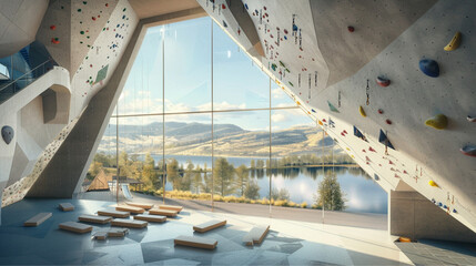 Fototapeta premium top view, a big modern climbing center gym, concret facade, hiking trails on the roof, large window, mountain style, lake, midday, summer, hills 