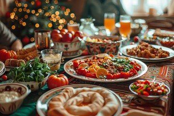 festive table. National dishes of Italia. Happy family eating together .