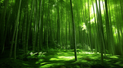 A serene bamboo forest path bathed in dappled sunlight, with lush ferns and moss carpeting the ground.