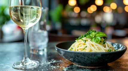  A bowl of pasta and a glass of wine on a table Behind the bowl, softly blurred lights create a warm, inviting bokeh A second glass of wine sits nearby