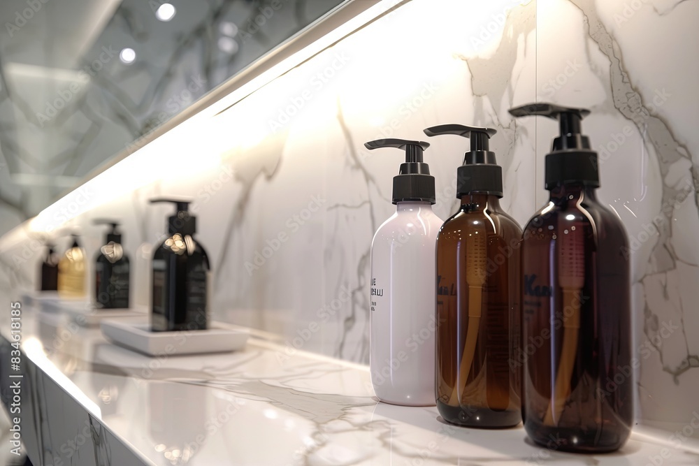 Poster Stylish bottles of shampoo and conditioner on a marble shelf. Generative AI