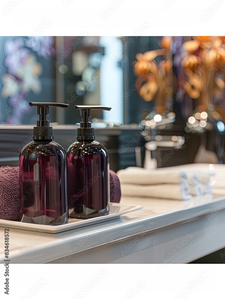 Poster close-up image of two stylish bottles of shampoo and conditioner on a clean bathroom countertop. gen
