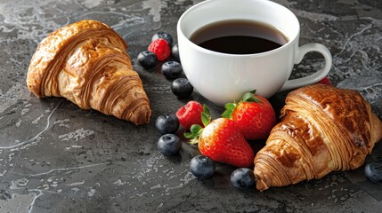  Croissants, strawberries, and blueberries rest next to a cup of coffee on a black stone countertop A croissant and a few strawberries are visible