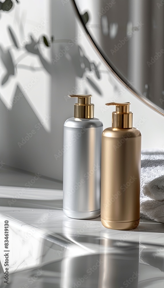 Poster two sleek bottles of shampoo and conditioner sit on a marble countertop, bathed in natural light. ge
