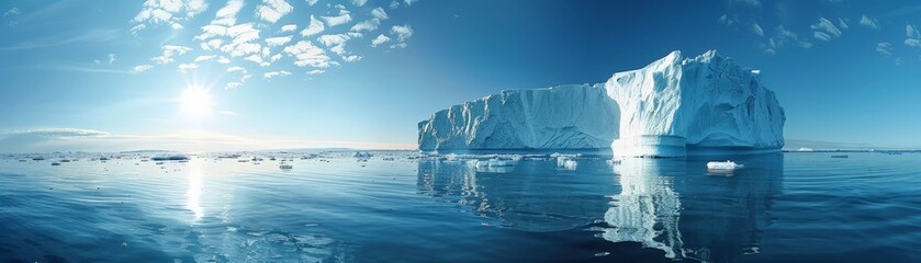 Obraz premium Majestic Iceberg in the Tranquil Sea - Serene Wide-angle View of Broken Ice Reflecting Sky and Daylight