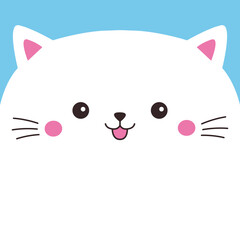 White kawaii cat smiling face head. Cute cartoon kitten animal silhouette. Happy Valentines Day. Funny baby kitty. Love card, banner, sticker print. Childish style. Flat design. Blue background Vector