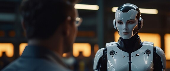 A female engineer and male production manager stand in the midst of a bustling modern industrial factory, discussing the intricacies of production. The facility is a marvel of robotics and automation