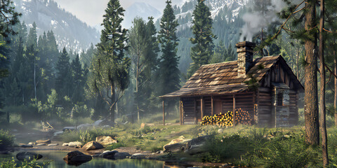 house in the woods, 2d background Cozy Cabin in the Woods A rustic cabin surrounded by tall pine trees, smoke rising from the chimney, a stack of firewood, and a peaceful stream nearby - Powered by Adobe