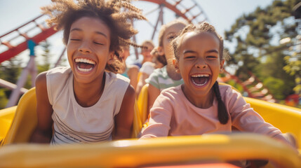 Naklejka premium Pure Joy on a Roller Coaster Ride. A vibrant image capturing the pure joy of two children on a roller coaster ride.