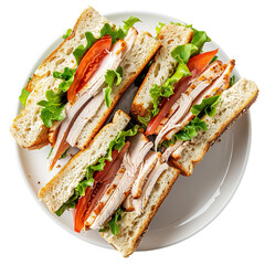Turkey and tomato sandwiches with lettuce on white bread, top view on white plate

