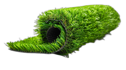Detailed View of Partially Unfurled Synthetic Grass Roll with Lush Green Blades on White Background