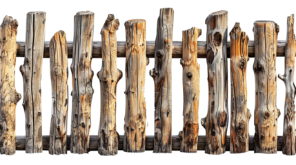 Rustic Wooden Fence of Rough Logs - Simple and Sturdy Design on White Background, High Detail