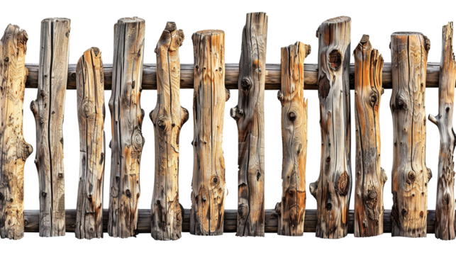 Rustic Wooden Fence of Rough Logs - Simple and Sturdy Design on White Background, High Detail