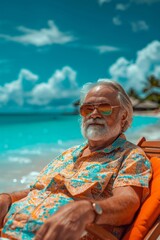 An older man is seated in a chair on the sandy beach, enjoying the view of the ocean