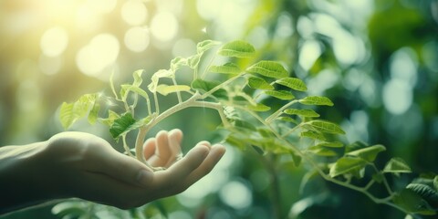 Hand touching plants green with biochemistry structure on background. Chromosome DNA and genetic in nursery outdoor