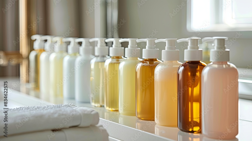 Poster A row of stylish shampoo and conditioner bottles with pumps, neatly arranged on a bathroom countertop. Generative AI