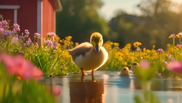 Enchanting scene of ducklings swimming in a lake, surrounded by colorful flowers with a farm nearby 