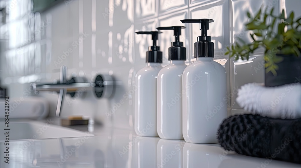 Poster three stylish bottles of shampoo and conditioner with pump dispensers stand on a countertop in a mod