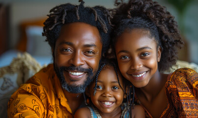 Joyful African American Family Taking Selfie at Home, Smiling Father with Daughters in Living Room, Bright Daylight, Capturing Happy Family Moments, Loving Bond, Togetherness, Casual Indoor Setting