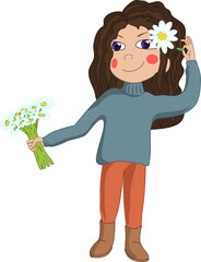Cute little schoolgirl girl with flowers in her hand and flower in her hair. Vector illustration girl attached chamomile to her hair for beauty. The girl is dressed simply in a rustic way. brown hair